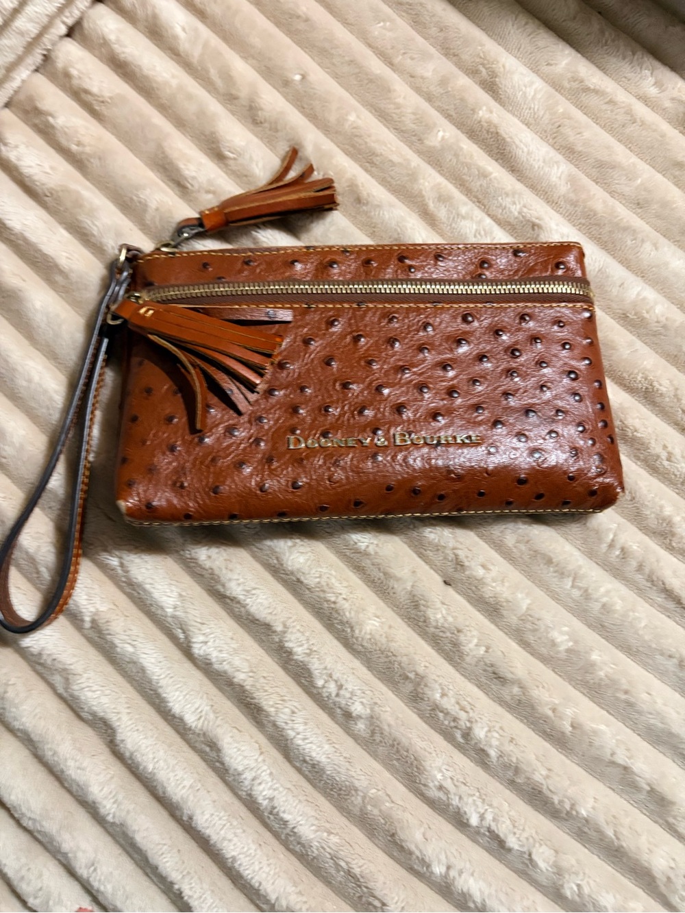 Dooney & Bourke Brown Ostrich-Embossed Wristlet Clutch